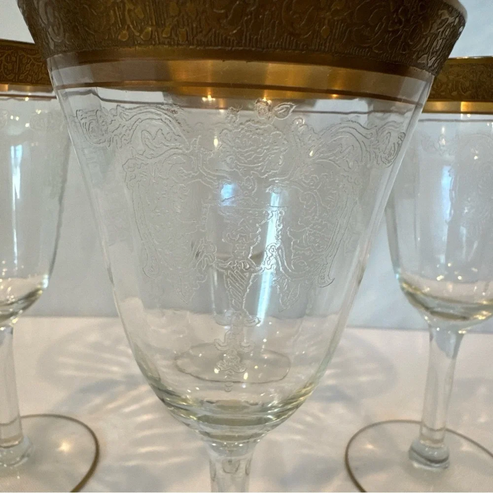 Antique 1920s Art Deco Etched Crystal Stemmed Glasses with Gold Rims